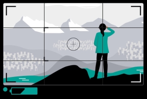 Illustration einer Aufnahme einer Frau vor einem Bergpanorama zur Verdeutlichung der Drittelregel aus dem Modul Grundlagen Bildgestaltung: Fotografie und Bewegtbild von der Medienbox NRW
