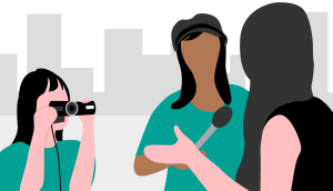 Illustration einer Frau, die jemanden mit einem Mikrofon interviewt, während sie dabei gefilmt werden aus dem Modul Originale wirken: Zutaten für Deinen O-Ton-Beitrag von der Medienbox NRW