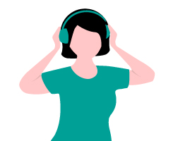 Illustration einer Frau, die über ihre Kopfhörer ein Hörspiel hört aus dem Modul Hörspiele selber machen: Tipps für den Einstig von der Medienbox NRW