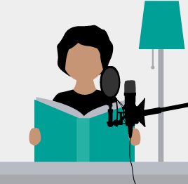 Illustration einer Person, die über ein Mikrofon ein Buch vorliest aus dem Modul spannend erzählen: Dein erster Audiobeitrag von der Medienbox NRW