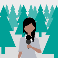 Illustration einer Frau mit Mikrofon, die vor einem Wald steht aus dem Modul Darstellungsformen im Überblick von der Medienbox NRW