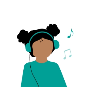 Illustration eines Mädchens, die über ihre Kopfhörer Musik aus dem Radio hört aus dem Modul Musikauswahl und Musikplanung im Radio von der Medienbox NRW