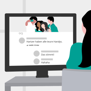 Illustration einer Person, die auf einem Computerbildschirm Hate Speech liest aus dem Modul: Hate Speech: erkennen und reagieren von der Medienbox NRW