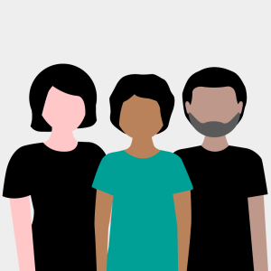Illustration einer Gruppe von drei Menschen als Zielgruppe für die Erstellung eines Porträts aus dem Modul: Porträt: Personen mit Bild und Ton darstellen von der Medienbox NRW
