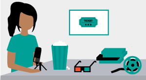 Illustration einer Frau, die begeistert von Kinofilmen ist und vor der mehrere Gegenständen für den Kinobesuch auf einem Tisch liegen aus dem Modul Einstieg ins Vloggen: So arbeiten Influencer von der Medienbox NRW