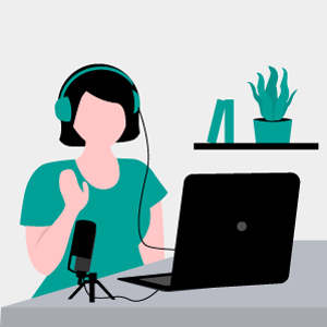 Illustration einer Frau, die einen Podcastbeitrag aufnimmt aus dem Modul Zutaten für Deinen erfolgreichen Podcast (Teil 1) von der Medienbox NRW