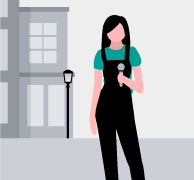 Illustration einer Frau, die mit einem Mikrofon in der Hand vor einem Gebäude steht, um eine Umfrage durchzuführen aus dem Modul: Videoformate entwickeln: Konzepte für Deine Sendung von der Medienbox NRW