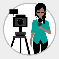 Illustration einer Frau mit Mikrofon und Kamera, die einen Beitrag moderiert aus dem Modul Moderieren und Sprechen lernen von der Medienbox NRW